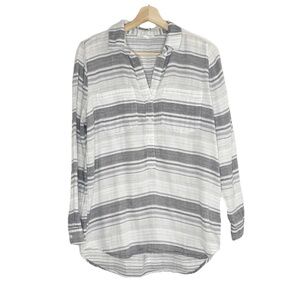 Beach Lunch Lounge Striped Long Sleeves Cotton Gray White Top Sz S